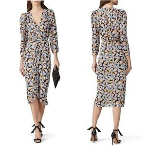 Rebecca Taylor Fleur Silk Bow Ruffle Midi Dress 6 Jacquard Floral Ruched